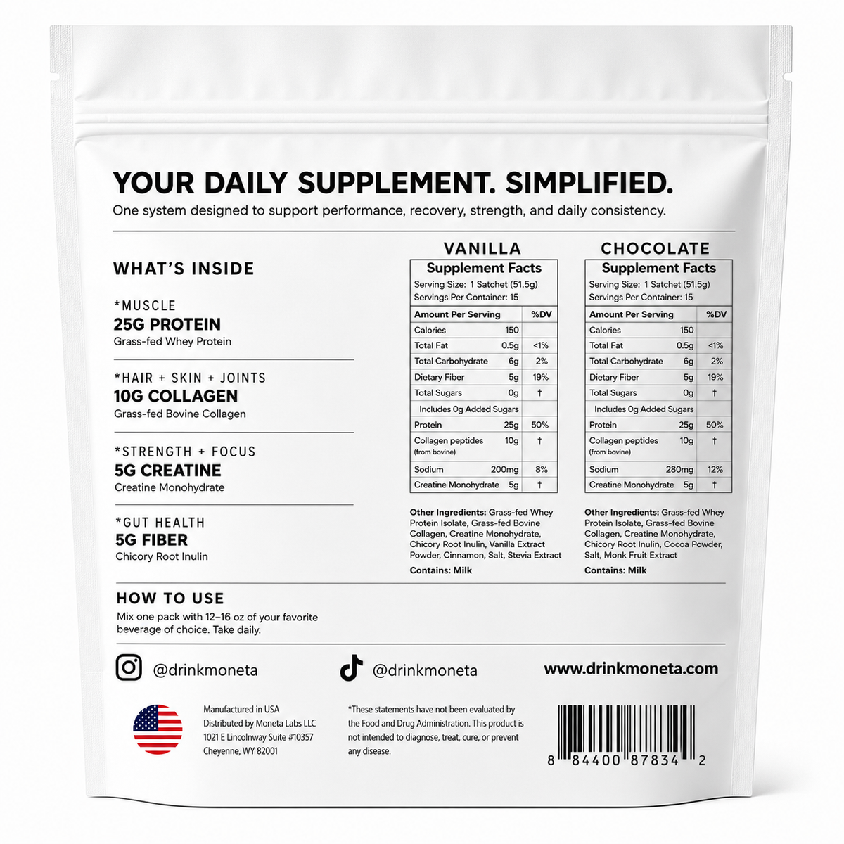 Half/Half Moneta supplement facts and ingredient label