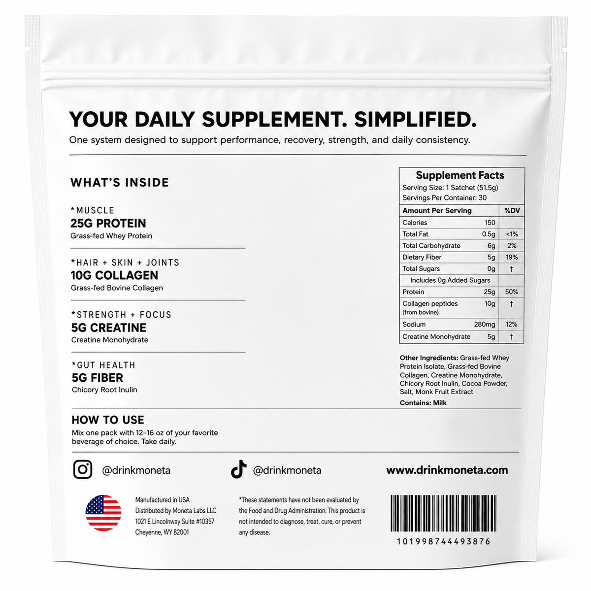 Chocolate Moneta supplement facts and ingredient label