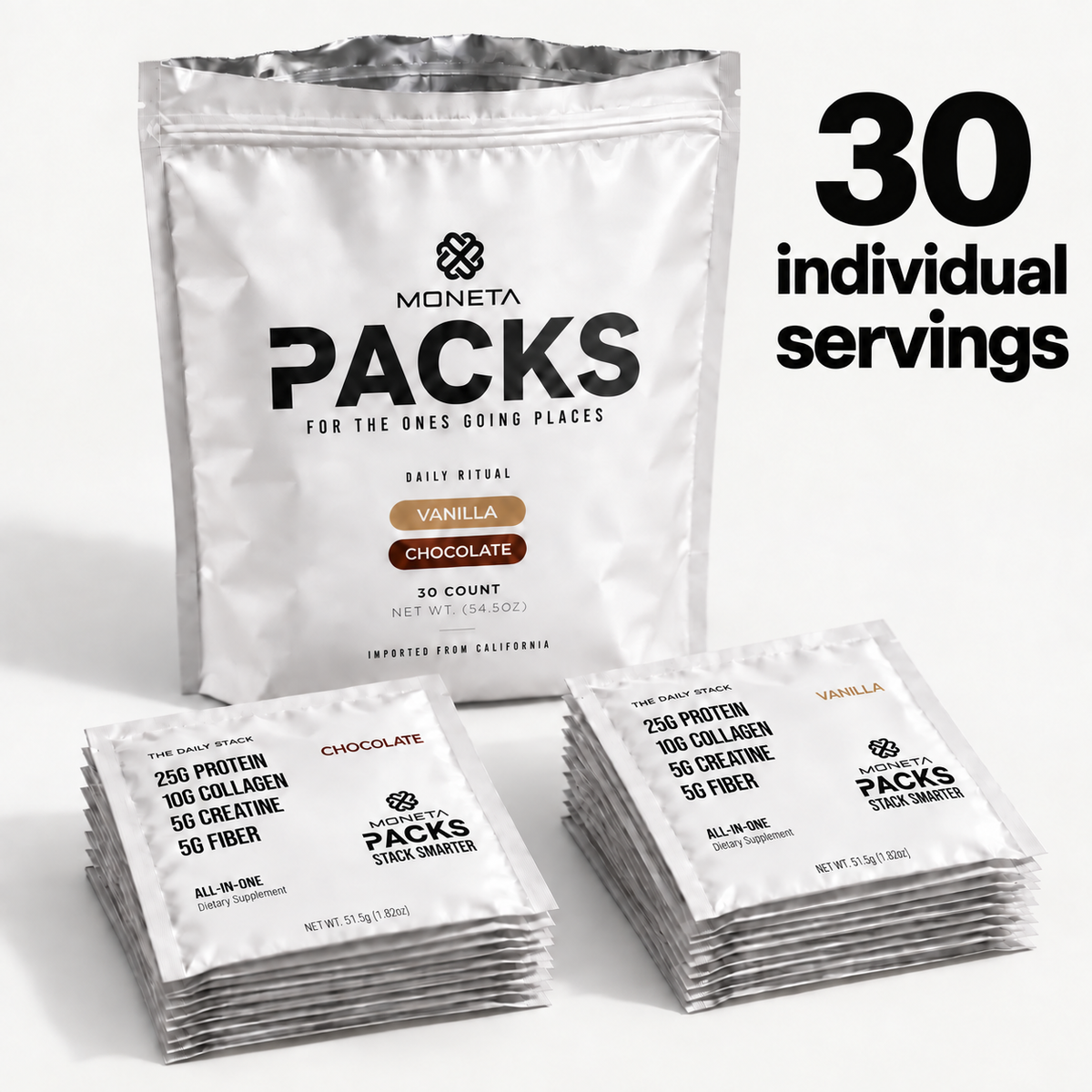 Moneta 30-count bag and single-serving PACKS
