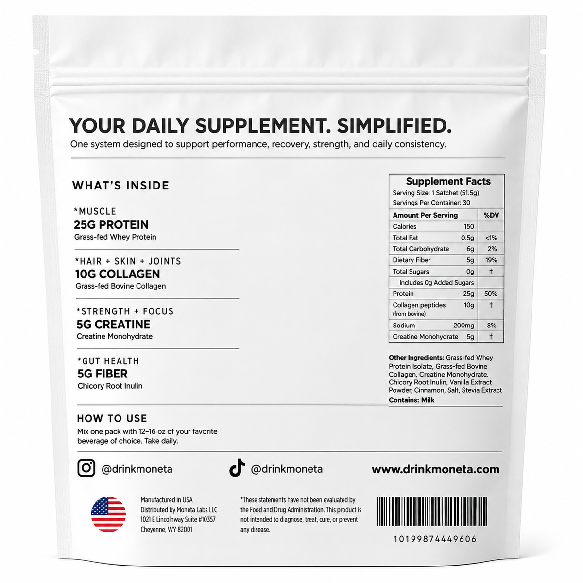 Vanilla Moneta supplement facts and ingredient label