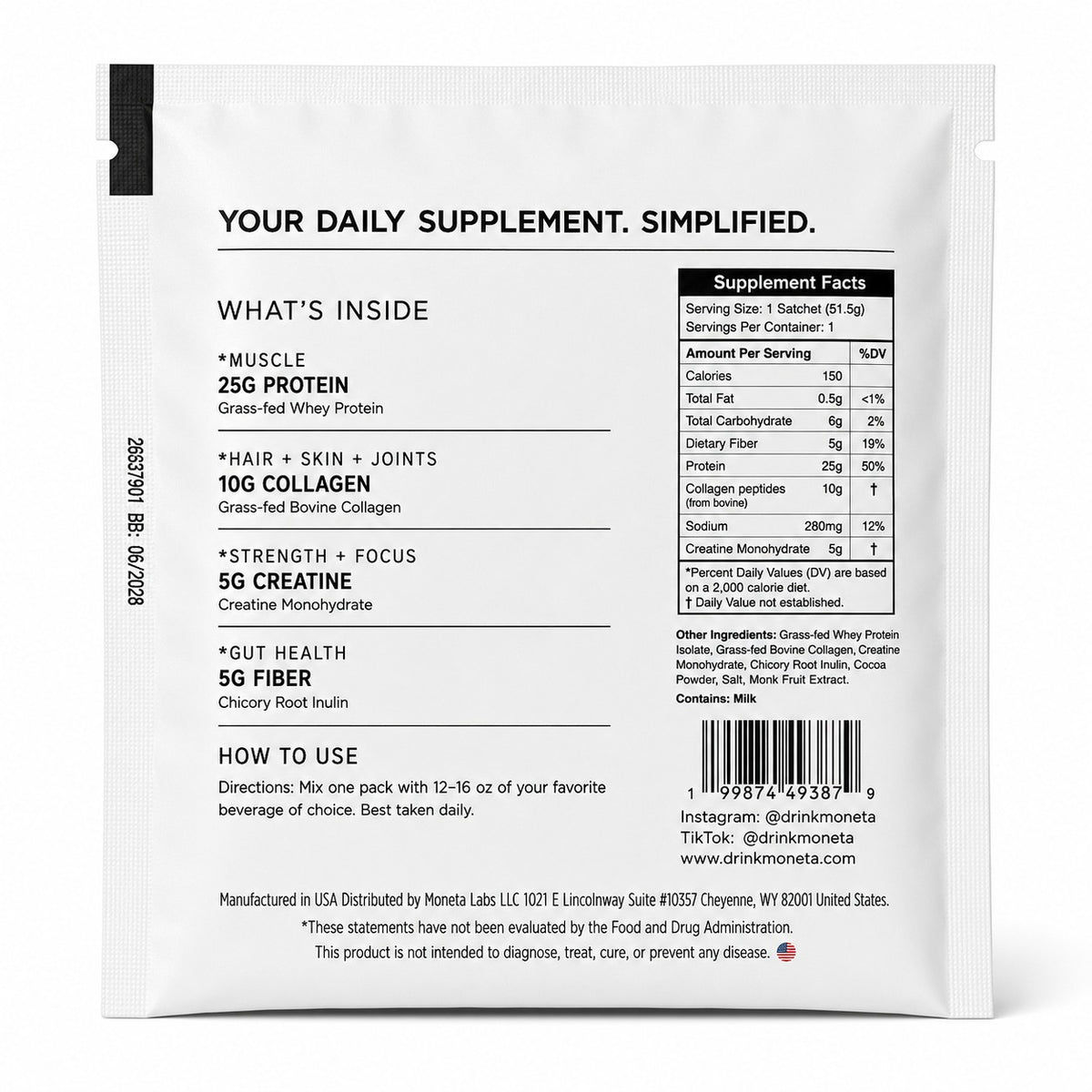 Chocolate Moneta supplement facts and ingredient label