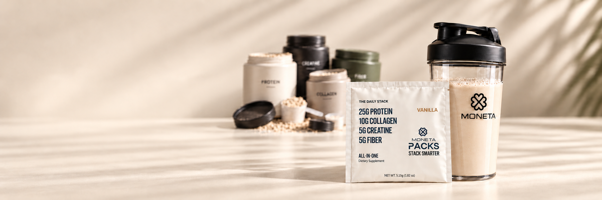 Four separate supplement tubs compared with one Moneta PACK and a ready-to-drink shake