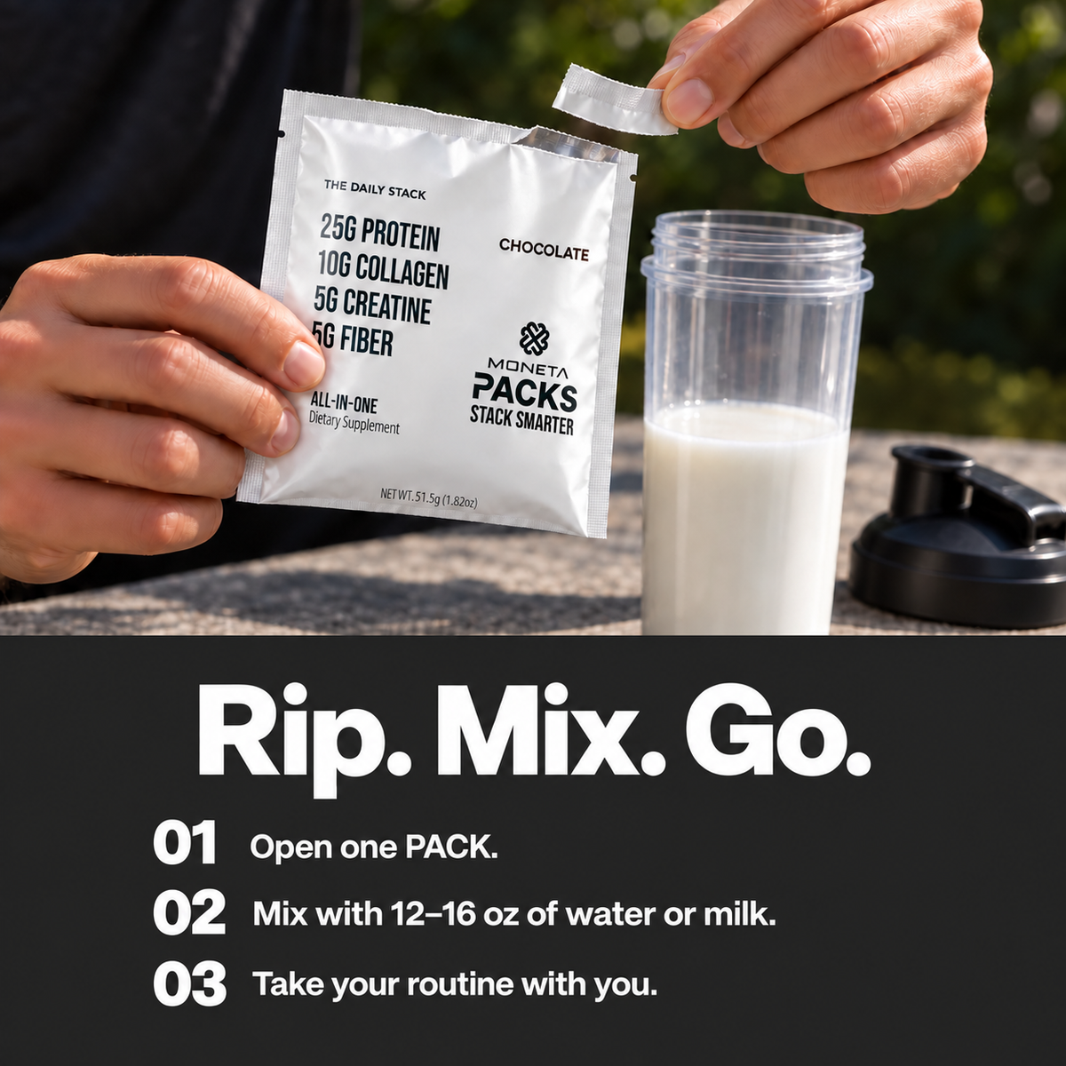 Open one PACK and mix with 12–16 oz of water or milk