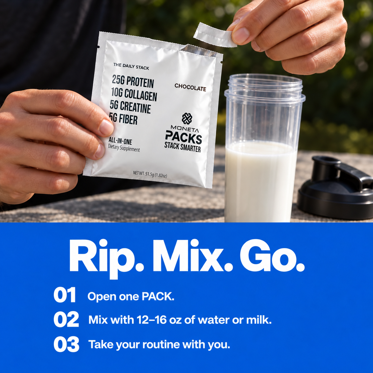 Open one PACK and mix with 12–16 oz of water or milk